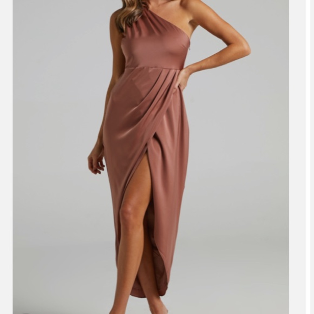 Showpo One-Shoulder Mauve Brown Satin Maxi Dress